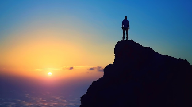 Silhouette of a man standing on top of a mountain at sunset