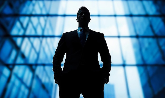 a silhouette of a man in a suit and tie standing in front of a large window