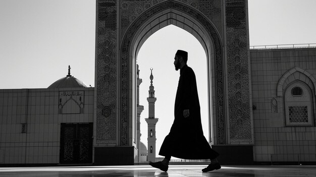 Silhouette of Man Walking by Mosque Architecture Middle Eastern Culture Islamic Heritage Spiritu