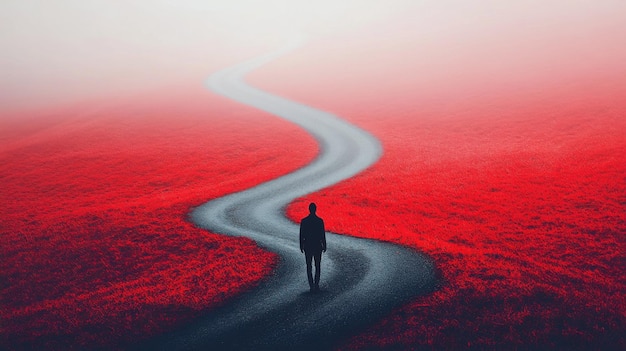 Silhouette of a Man Walking on a Foggy Road Through a Red Field