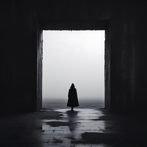 a silhouette of a man walking through an empty dark tunnel