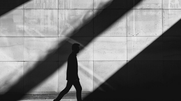 Silhouette of Man Walking Through Urban Shadows City Life Modern Architecture Minimalist Photogr