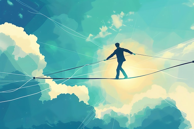 Photo silhouette of a man walking on a tightrope in the clouds