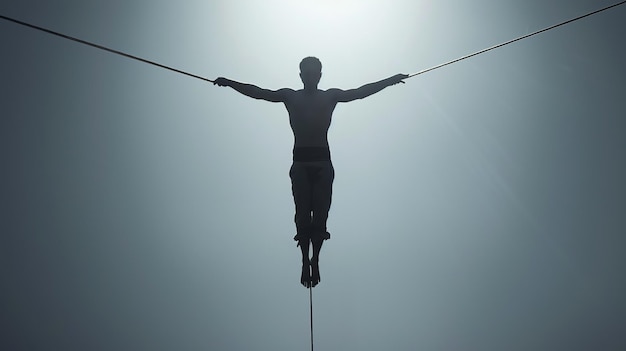 Photo a silhouette of a man walking on a tightrope with a bright light behind him