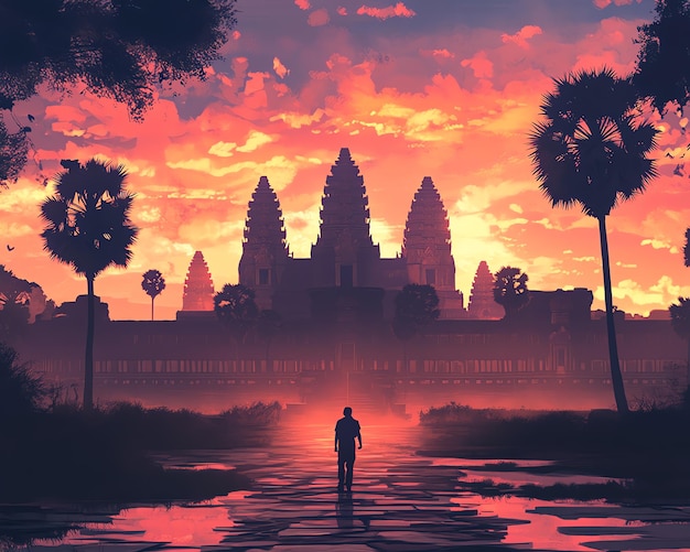 Photo silhouette of a man walking towards angkor wat temple at sunset