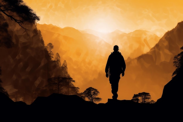 A silhouette of a man walking towards a mountain