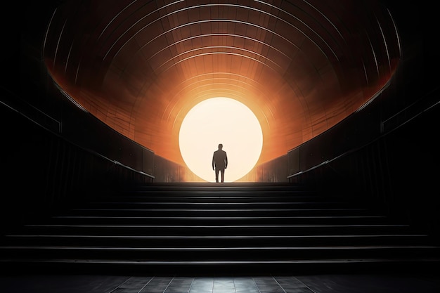 Silhouette of a man walking up the stairs towards the sun