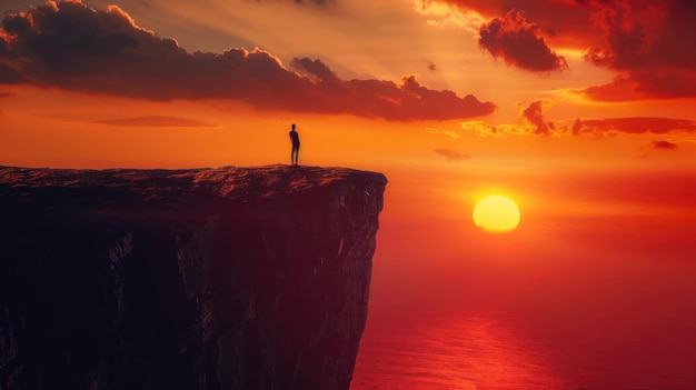 Photo silhouette of a man watching the sunset over a cliff