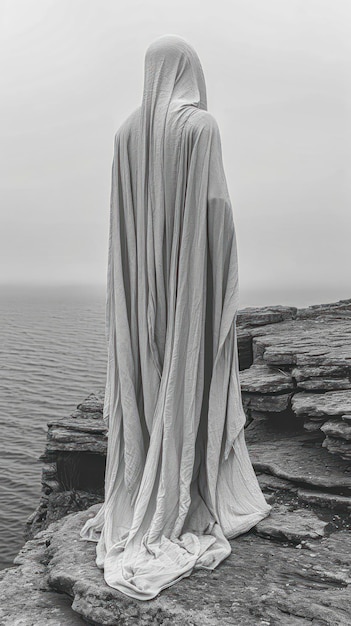 Silhouette of a man wearing a white hooded robe standing on the edge of a huge cliff