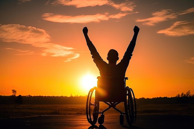 Silhouette of a man in a wheelchair with arms raised in the air during sunset behind view