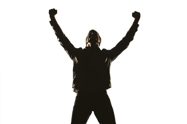 Photo silhouette of a man with arms raised in celebration emphasizing excitement and victory the bright background contrasts sharply with the dark figure in this minimalistic compositionxa