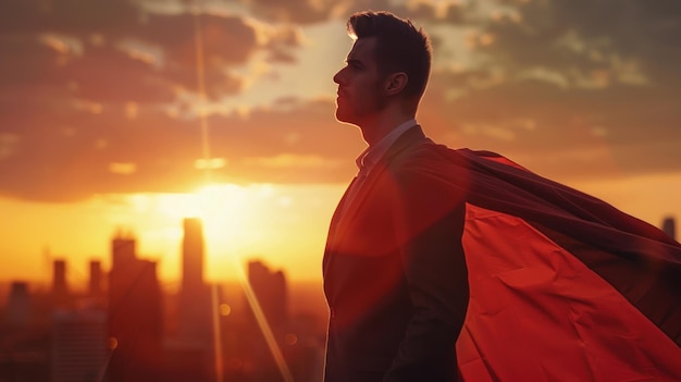 Silhouette of Man with Cape Against Sunset Cityscape