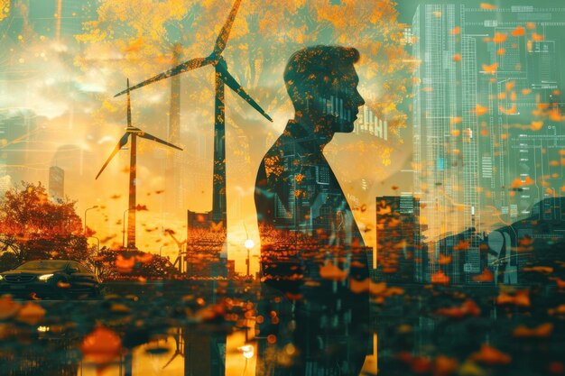 Photo silhouette of a man with a cityscape and wind turbines