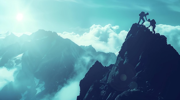 Silhouette of a man and a woman climbing on a mountain