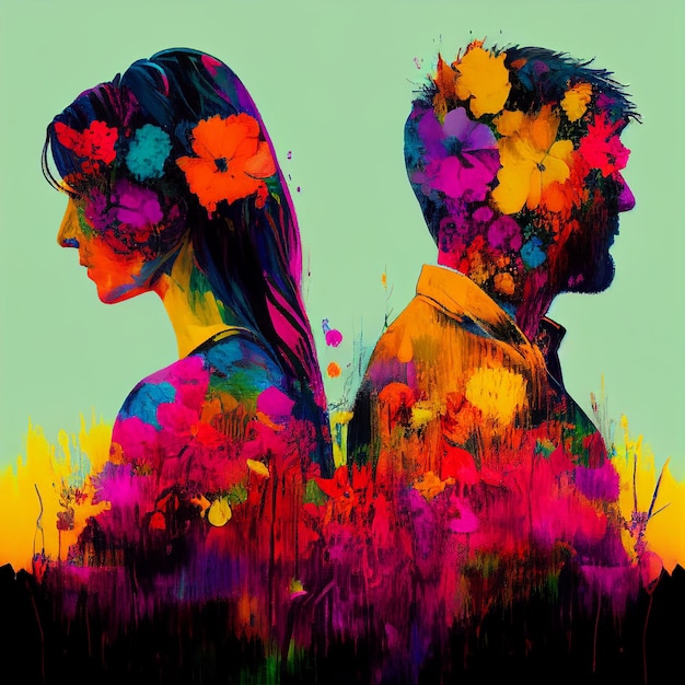 Silhouette of a man and a woman filled with colors Generative AI