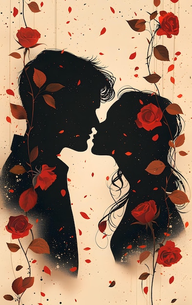 A silhouette of a man and a woman kissing surrounded by red roses