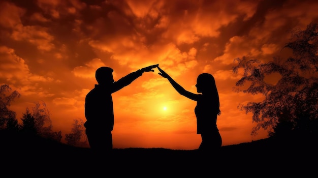 Silhouette of a man and a woman reaching out to each other in the sunset sky