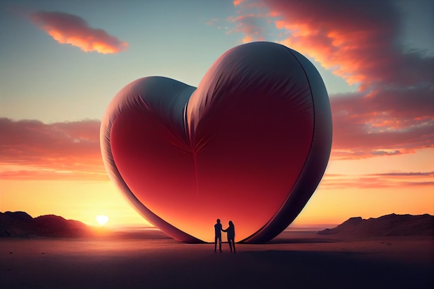 Silhouette of man and woman with heart shape at sunset backgroundgenerative ai