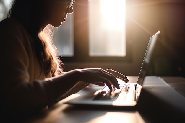 Silhouette of a man working in a laptop while sitting at home with sun rays Generative ai