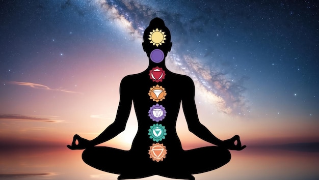 Photo a silhouette meditating with chakra symbols against a cosmic background