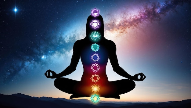 Photo a silhouette meditating with chakra symbols against a cosmic background