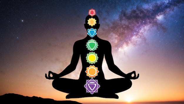 Photo a silhouette meditating with chakra symbols against a cosmic background