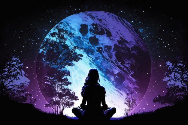 Photo silhouette of a meditating woman against a planet backgound generative ai