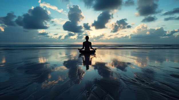 A silhouette meditator practicing yoga on a tranquil beach connecting mind body and spirit