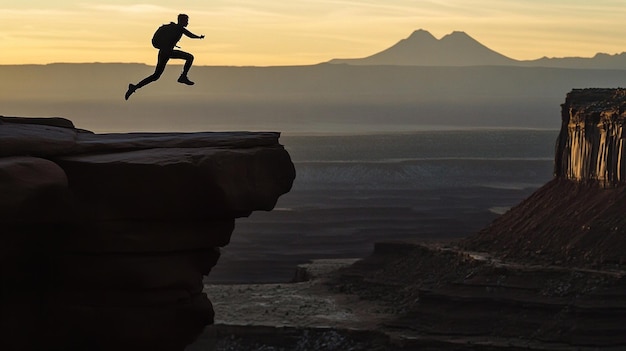 Photo silhouette men and women is jumping from one cliff to another concept of leaping over hurdles