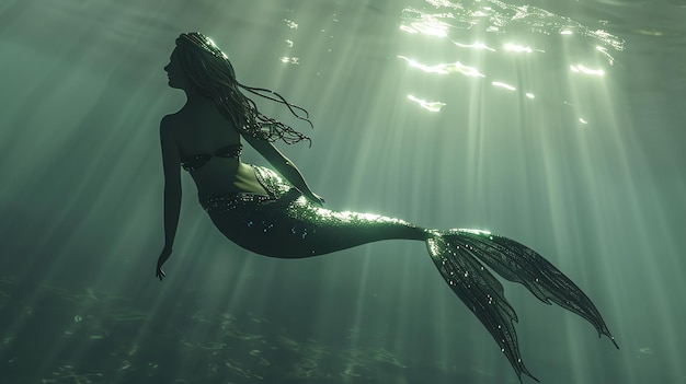 Silhouette of a mermaid swimming in the ocean with sunlight beams