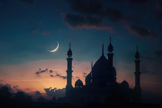 A silhouette of a mosque against dimly lit sky with Eid crescent Islamic Eid or Ramadan background