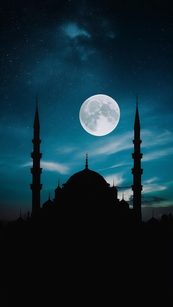 Photo silhouette of mosque on the background of the night sky with moon