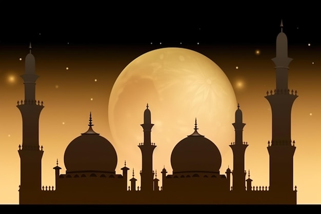 A silhouette of a mosque with a full moon in the background