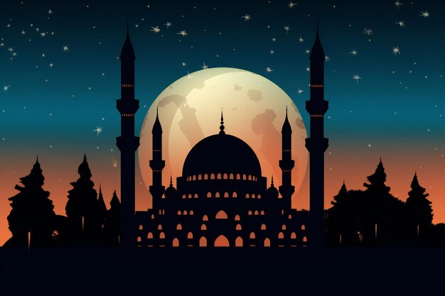 A silhouette of a mosque with a full moon in the background.