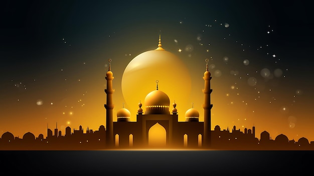 a silhouette of a mosque with a golden background and a place for text