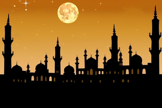 A silhouette of a mosque with the moon in the background