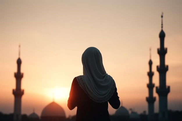 Silhouette of a mosque and woman wearing hijab with Generative AI