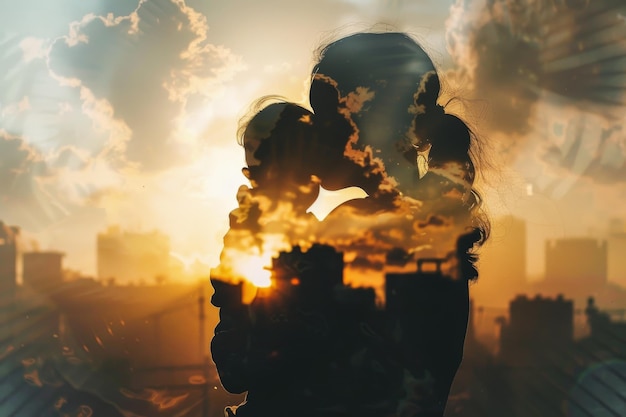 Photo silhouette of mother and child against city on fire