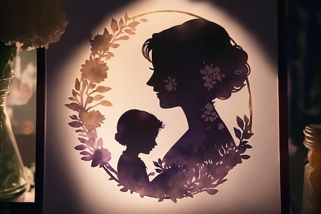 A silhouette of a mother and child with flowers around them.