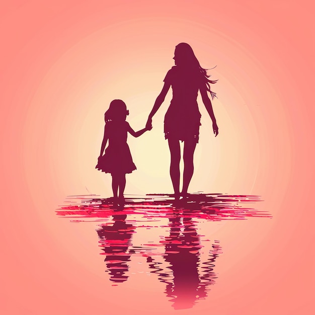 Photo silhouette of a mother and daughter walking handinhand with reflection in water