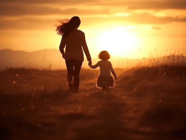 Silhouette mother and daughter walking to the sky sunset