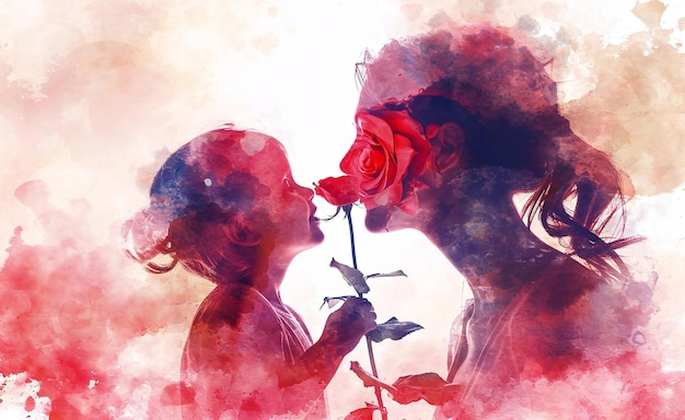 Silhouette of mother and daughter with red rose