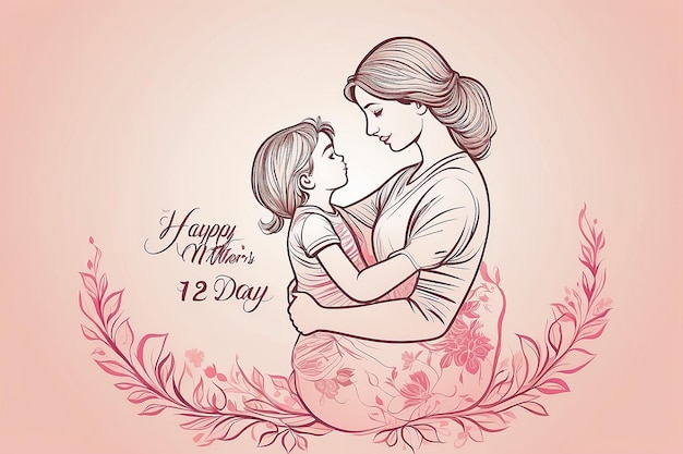 Silhouette of a mother and her child with text 12th May for Happy Mothers Day celebration