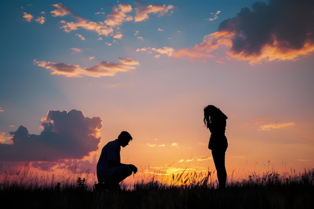 Silhouette of mother and son playing in the field at sunset