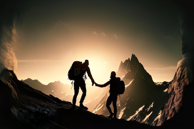 Silhouette of mountaineer holding her friend's hand