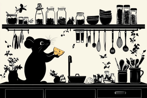 Silhouette of a Mouse Holding a Piece of Cheese in a Kitchen