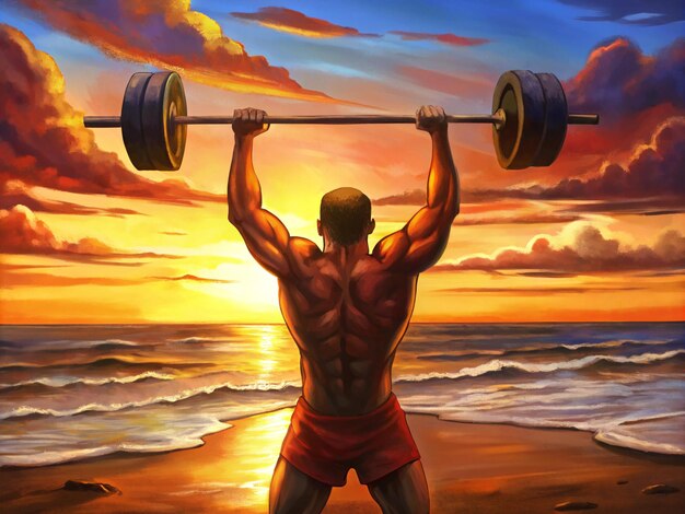 Photo silhouette of a muscular man lifting weights at sunset on the beach