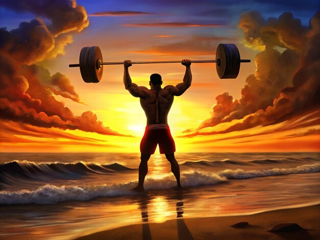 Photo silhouette of a muscular man lifting weights at sunset on the beach