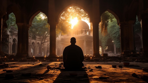 The silhouette of a muslim man praying in an old mosque in phra nakhon si ayutthaya province