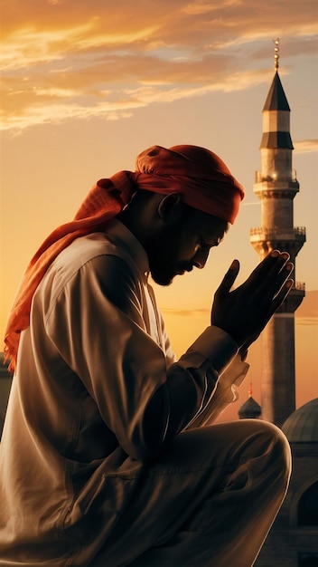 Silhouette of muslim man praying